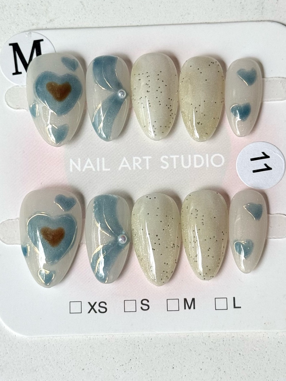 Handmade Blue Heart Press-On Nail Set Short Almond Size M